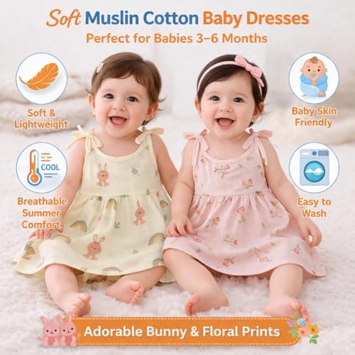 100% Muslin Cotton Newborn Baby Girl Muslin Pack of 2 | Adjustable Knot Style Dyed Print Muslin Dress For Baby Girls | Soft, Breathable & Comfortable Dresses | Ideal for Daily Wear | Assorted 5