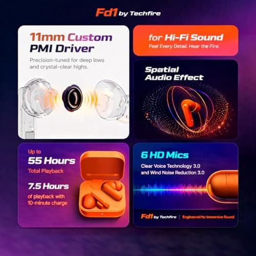 FD1 TWS Wireless Earbuds, Bluetooth 5.0, in-Ear, Black, Touch Control, 40 Hours Battery, with Charging Case (Orange) 4