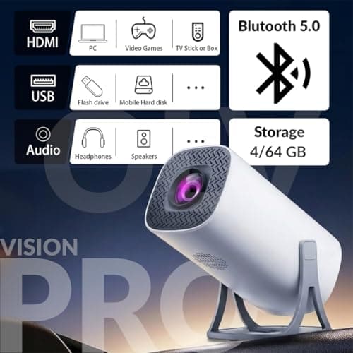 OLV Portable Smart Mini Projector, 4K 1080P Full HD Supports Netflix, Prime and YouTube Etc WiFi 5G, BT-5.0, Cinema Projector 180° Android 14, Compatible with TV Stick/Windows/iOS/Android 4