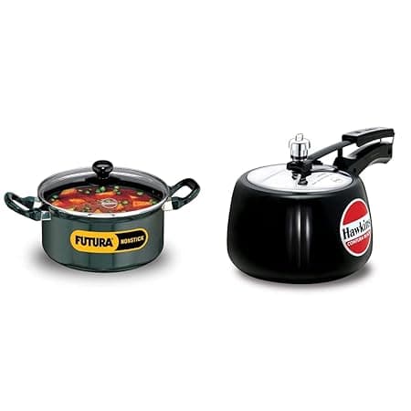 Hawkins Futura Nonstick Cook-n-Serve Stewpot with Glass Lid, Capacity 3 Litre, Diameter 20 cm, Thickness 3.25 mm, Black (NST30G)+Hawkins Contura Hard Anodised Aluminium Pressure Cooker, 3 litres, Bla