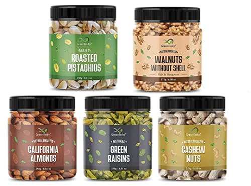 GreenFinity Dry Fruits Combo- Green Raisins, Almonds, Cashews, Roasted Pistachios (250g Each), Walnuts Without Shell (175g) | Fresh Healthy Snacks for Cooking, Gifting, Daily Consumption (Pack of 5)
