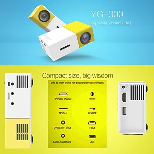 Mini Projector, Portable Pico Full Color LED/LCD Video Projector with HDMI, USB, AV Interfaces and Remote Control, White/Yellow 4