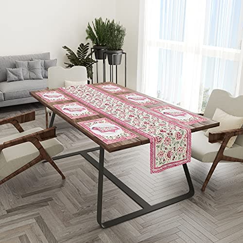 BLOCKS OF INDIA Hand Block Printed Cotton Table Runner, Mat and Napkin Set for Center/Dining Table (Pink Jaal), Large 5
