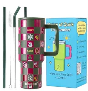 House of Quirk 1200ML Stainless Steel Tumbler with Handle & Lid, 2 Straws – Large Travel Mug Water Cup for Gym, Office & Outdoor Use (Merry Maroon)
