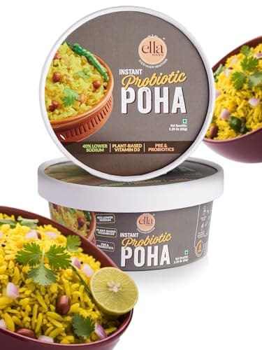 Ella Foods Probiotic Instant Poha Ready To Eat | 40% Less Sodium | Flavorful Rice Flakes, Peanuts, Mustard Seeds, Curry Leaves & Green Chilies | No Preservatives Pack of 2 (65g Each) | Instant Food