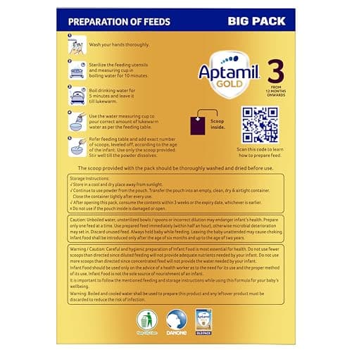 Aptamil Gold Infant Formula Milk Powder for Babies - Stage 3 (6-12 Months) - with Prebiotics and DHA - 1.2 kgs - Large Pack 5