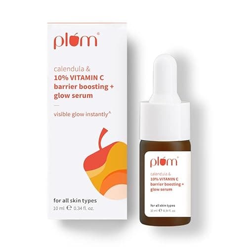 Plum 10% Vitamin C & Calendula Barrier Boosting + Glow Serum 10 ml | With 3% Niacinamide, 1% Hyaluronic acid & 1% Creamide complex| Clinically proven to reduce pigmentation & dark spots in 14 days| Bo