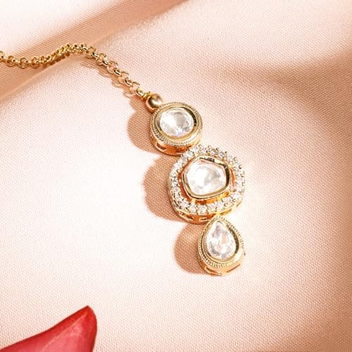 Rubans 22K Gold Plated White Kundan & Cubic Zirconia Studded Delicate Maangtikka Elegant Traditional Jewellery for Women & Girls 5