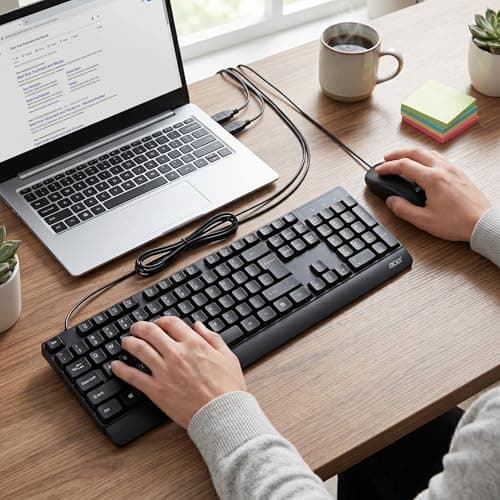 Acer OfficeLite KM200 Wired Keyboard and Mouse Combo | Full-Size 104-Key Layout with Rupee Symbol (₹) | 1000 DPI High-Precision Optical Mouse | 1.25m Cable | Durable Matte Black | 1 Year Warranty 5