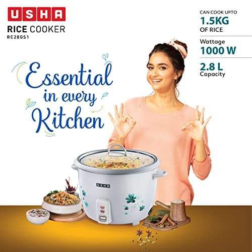 USHA RC28GS1 Steamer 1000 Watt Automatic Rice Cooker 2.8 Litres with Powerful Heating Element, Keep Rice Warm for 5 Hrs, Steamer, Trivet Plate & more accessories, 5 Yrs Warranty (White) 2