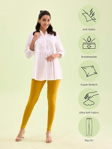 GO COLORS Soft Cotton Stretch Ankle Length Leggings for Women | Breathable, Mid Rise, Light Mustard 3