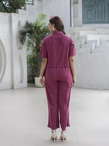 TITTLI Women Rayon Co-Ord Set | Wrinkle Fabric Crop Shirt and Trouser Set | Collar Neck Half Sleeve Elasticated Waist | Casual Wear and All Day Outfit | M to XXL 3