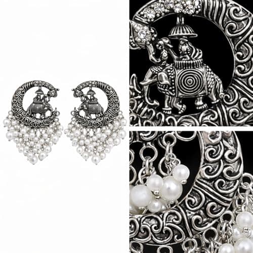 Vintage Oxidised Silver Elephant Pearl Drop Earrings for Women & Girls | Boho Tribal Chandbali Earrings | Traditional Ethnic Statement Jewelry | Party, Festive 3