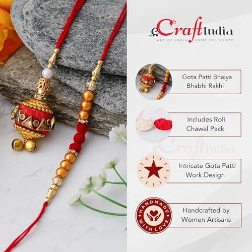 eCraftIndia Gota Patti Work Bhaiya Bhabhi Rakhi Set with Best Bro Ever Fridge Magnet and Roli Chawal Pack 4