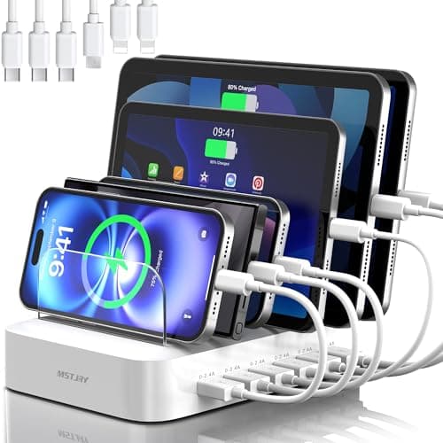 MSTJRY Charging Station for Multiple Devices : 6 Port USB Charger Stations - Family Multi-Device Organizer Charging Dock - Designed for iPhone iPad Android Cell Phone Tablet and Electronic, White