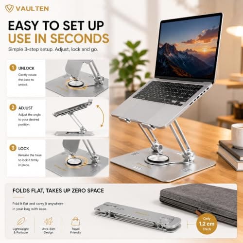 VAULTEN Laptop Stand for Table, Premium Adjustable Laptop Stand Metal with 360° Rotating Base, Ergonomic Foldable Portable Laptop Holder for Desk, Compatible with All Laptops (Wide Compatibility) 4