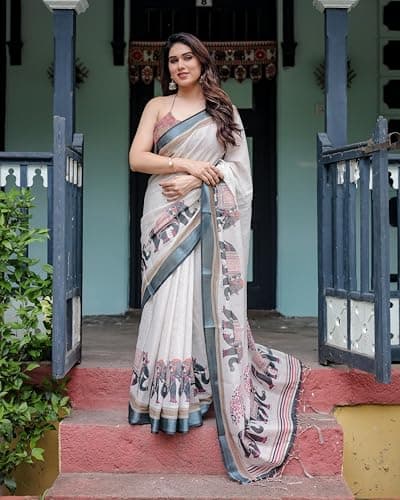 Kaugalian store Linen Cotton Elephant Printed White & Cream Saree For Women With Unstitched Blouse Piece 3