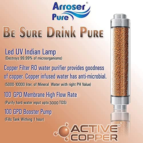 Arroser Pure Copper+UV+UF Electrical Water Purifier 12L for municipality Corporation, River Lake Water. Goodness of Copper, No RO only UV+UF, 35/40 Liter/Hour Purification Capacity 3