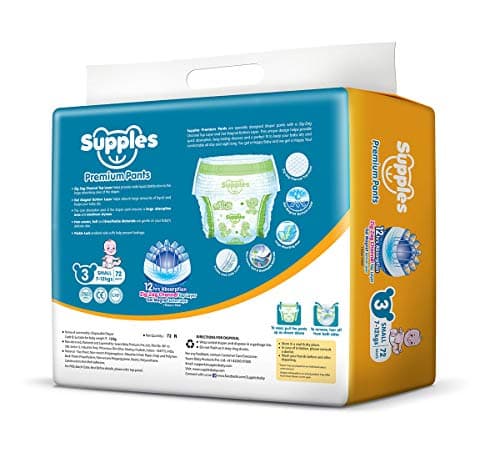 Amazon Brand - Supples Premium Baby Diaper Pants | 72 Baby Diapers | Medium | 7-12 Kg | 12 Hrs Absorption | Cushiony Cotton Soft Fabric | Phthalates-Free | Triple Leak Guard 2