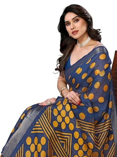 Women's Cotton Blend Printed Jaquard Border Saree with Unstitched Blouse Piece BZ_4307_Kaveri Goli Firozi-Yellow 4