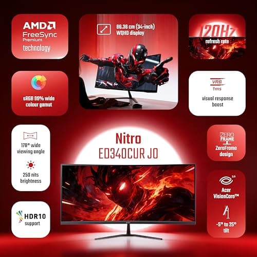 Acer Nitro ED340CUR J0 34 Inch UWQHD Curved Gaming Monitor | 3440x1440 VA Panel | 120Hz (DP) | 1ms VRB | AMD FreeSync Premium | HDR10 | 1500R | 2x HDMI 2.1 + DP 1.4 | Easy Tilt | Speakers | VisionCare 2