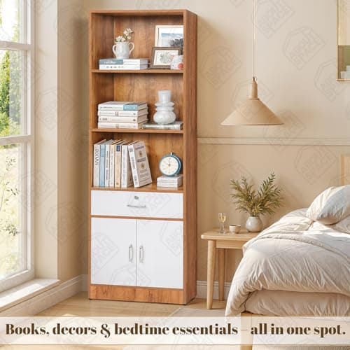 ABOUT SPACE 6 ft Book Shelf - Wooden Book Rack with 3 Open Shelves 1 Lockable Drawer & 1 Closed Cabinet with Magnetic Door Easy to Assemble Display Cabinet for Home (Teak, White-L 57 x B 30 x H 179cm) 5