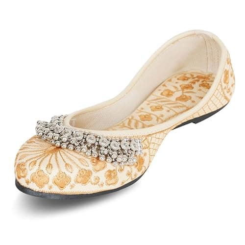 DFR Women Ethnic Rajasthani Embroidery with Payal Punjabi Mojari's Shoe Juti Jutti’s, Color - DarkCream1, UK Size - 8 5