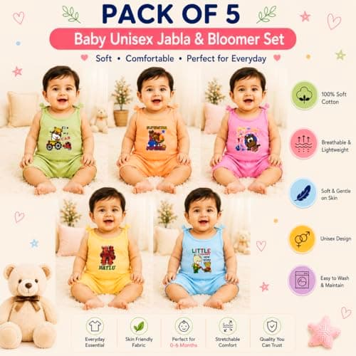 Krithvik Baby Boys & Girls Cotton Jhabla & Shorts Set | Sleeveless Vest & Strap Top with Bloomer | Snap Button | Soft Breathable Cotton | Unisex Newborn Clothing | 0-6 Months | Pack of 5 | Multicolor 4