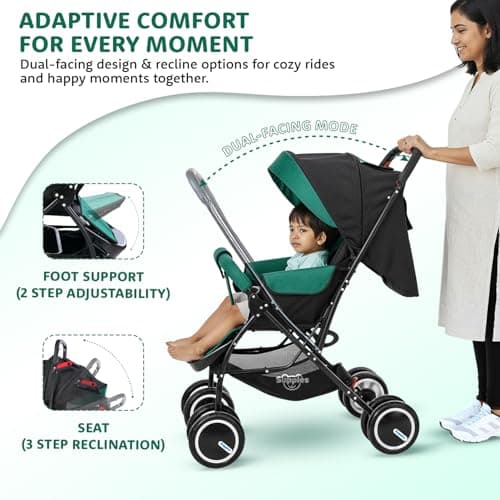 Amazon Brand – Supples Baby Stroller/Pram for Newborns & Toddlers (0–3 Years) | Foldable, 5-Point Safety Harness, Reclining Seat, Storage Basket, Adjustable Backrest, 360° Wheels | Green & Black 3