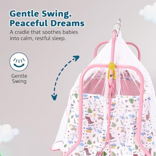 Amazon Brand - Supples Baby Cradle with Swing & Mosquito Net | 0–8 Months | Swing Lock | 4 Wheels with Brake | Soft & Comfortable for Baby Sleep | Sturdy Mild Steel Frame | Pink 2