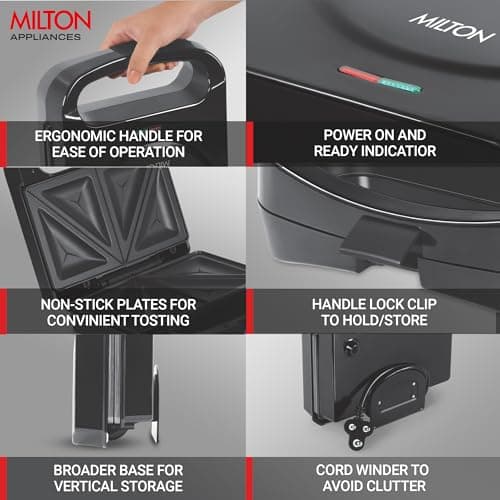 Milton Sandwich Maker HSM011, Sandwich Griller and Toaster, 750 Watt Sandwich Maker Electric Griller for Home, Non Stick Coated Dual Grill Sandwich Plates for Sandwiches, 2 Year Warranty, Black 2