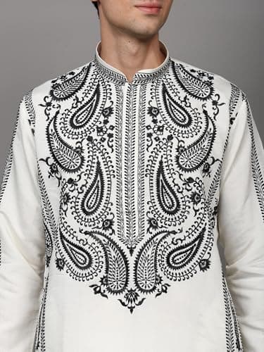 Exotic India Thread Embroidered Motif Art Silk Kurta with Cotton Pant Style Pajama | Ethnic Dress Kurta Pajama Combo Set for Men's 5