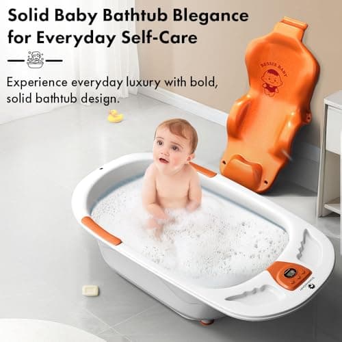 StarAndDaisy Baby Bath tub for 0 to 5 Years with Temperature Sensor/Bath tub for Kids 0-3 Years for Kids with Anti-Slip Legs/Bath tub for Baby with Baby Bather Without Wheel(White-Orange) 2
