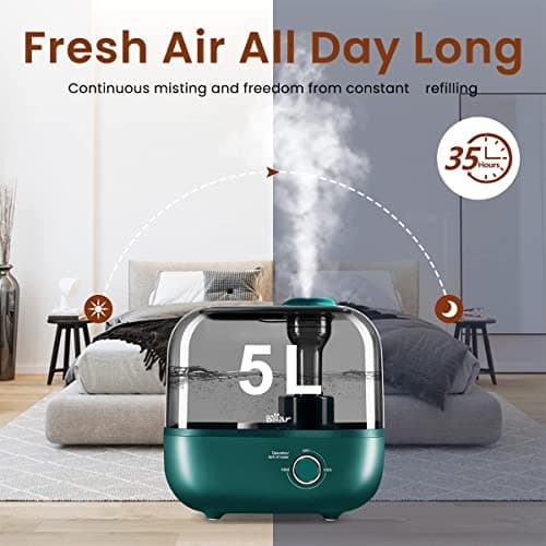 Bear® 5L Humidifier for Room Moisture Essential Oil Allow 28dB Silent Humidifier for Plants Household Top Filling Ultrasonic Cool Mist with 360° Steam Nozzle & Stepless Mist Adjust 5
