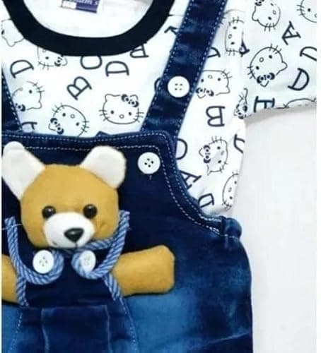 Nexora India Pvt Stylish Kids Denim Dungaree Dress with Alphabet Print T Shirt | Soft Cotton Blend Baby Outfit Cream-White 6-12 Months 2