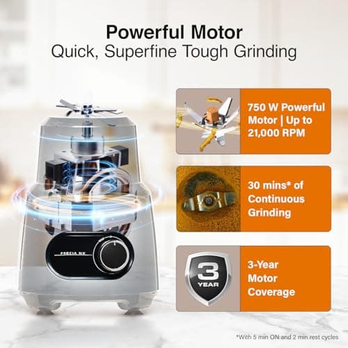 V-Guard Precia NX Juicer Mixer Grinder 750 W (New Launch) | 3-Year Motor Coverage | 4 Versatile Jars | Juicer, Large, Medium & Small | Compact ABS Body | SS Rust-Resistant Blades 3