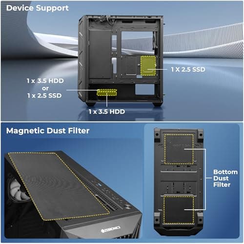 Zebronics Gaming PC Cabinet, E-ATX/ATX Support, USB 3.0, RGB Fans, High Airflow Design, Tempered Glass Panel, Top & Front 360mm AIO Support, Bottom PSU Design, Magnetic Dust Filters (Rogue, Black) 4