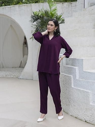 TITTLI Women’s Solid Rayon Co-Ord Set | Collared V-Neck Tunic with Three-Quarter Sleeves & Elastic Waist Trousers | Comfortable Casual Outfit | L to 3XL Wine 5