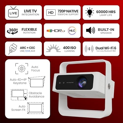 E Gate Atom 4X Air, Fully Automatic, True 200 ANSI Projector with 1080P & 4K Support | Auto Focus+Auto Keystone+Obstacle Avoid | Android 12 Netflix, Prime, Live TV | WiFi-BT-HDMI ARC, Native EGATE 2