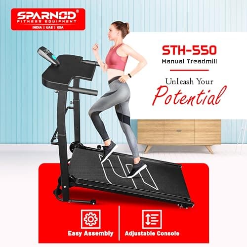 Sparnod Fitness STH-550 Manual Foldable Treadmill for Home Use, Your Pace Your Power Real-Time Tracking 5-Layer Anti-Skid Belt 100×35 cm Deck Shock Absorber Manual Incline Mobile Holder Compact Design 2