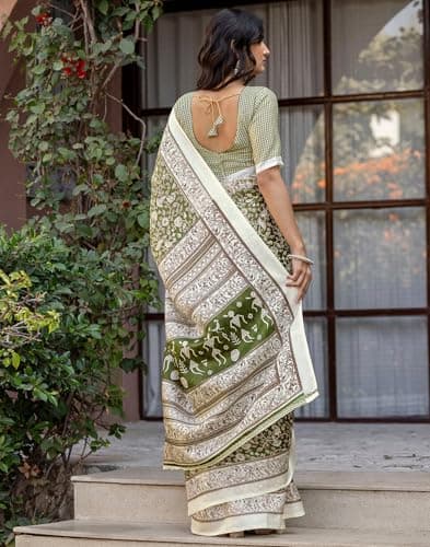 SIRIL Women's Khadi Printed Saree with Unstitched Blouse Piece (5212S736_Olive Green) 4