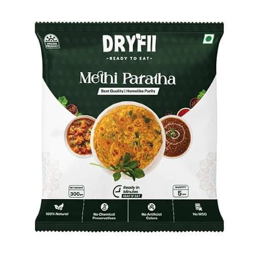 Dryfii Ready-to-Eat Methi Paratha – 5 Pieces (Pack of 1) | Authentic Indian Fenugreek Flatbread | No Preservatives | Quick & Easy Meal | Ideal for Travel, Office, and Home