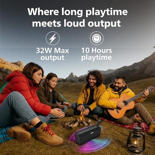 PHILIPS Audio TAS2400BK Portable Bluetooth Speaker with Stereo Sound, 32W RMS, 2400mAh Rechargeable Battery, BT v5.3 Connectivity, IPX4 Waterproof, Supports TF/USB/BT Modes with Hanging Strap (Black) 4
