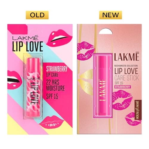 Lakme Lip Love Care Stick Strawberry, with 10% Vitamin E Complex, nourished with Shea & Cocoa Butter and enriched with Almond & Jojoba Oil for 24hr moisturization in just 1 swipe, with SPF 15, 4.5g 2