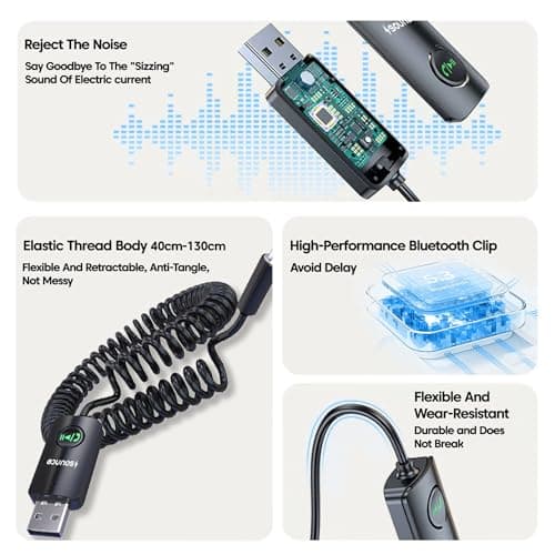 Sounce Bluetooth Car Receiver with Hands-Free Calling,Built-in Microphone, 85 cm Coiled Cable, Multi-Function Button, Music Playback, Wireless AUX Adapter for Car Audio (Black) 3