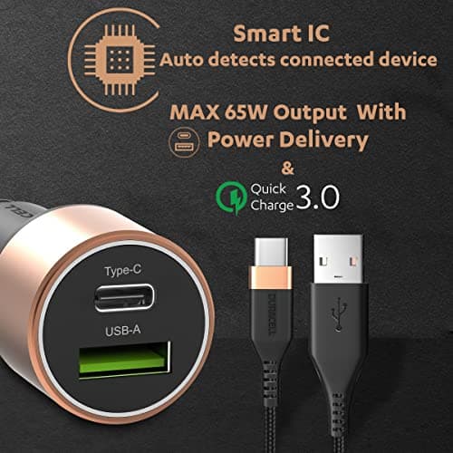 Duracell 65W Fast Car Charger Adapter with Dual Output. Quick Charge, Type C PD 45W & Qualcomm Certified 3.0 20W, Compatible for iPhone, All Smartphones, Tablets & More (Copper & Black) 5