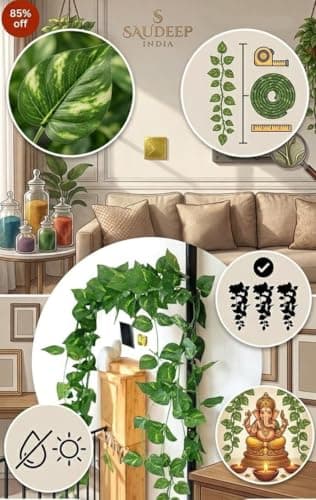 SAUDEEP INDIA Artificial Green Leaf Money Plant Garland | 7.2 Feet Bel Vine Creeper | Realistic Hanging Fake Leaves Ivy | Home Decor for Door, Wall, Balcony, Garden & Festival Decoration (3 Vines) 3