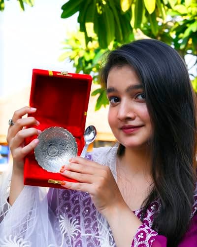 Craze Crafts 2-Piece German Silver Bowl Set in Velvet Box | Traditional Decorative Bowls, 4 Cubic Inches, Design-2 2