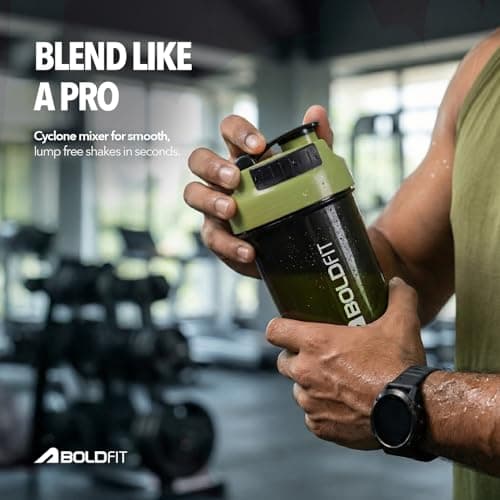 Boldfit Gym Shaker Pro Cyclone Shaker Bottle 500ml with Extra Compartment, Leakproof, Sturdy Ideal for Protein Supplement, Preworkout and BCAAs, BPA Free Sipper Bottle Shaker bottle for Gym Army Green 3
