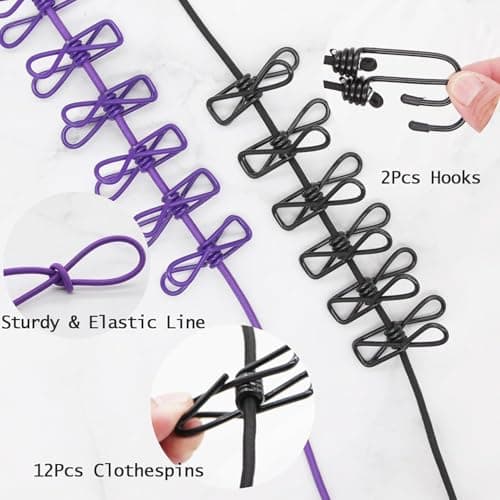 UPRONEX21 Portable Cloth Drying Rope with 12 Built-in Clothespins, Windproof Travel, Elastic Retractable Drying Rope with Hooks for Camping, Hiking, Hotel, Backyard, and Indoor Use (Pack of 1) 3